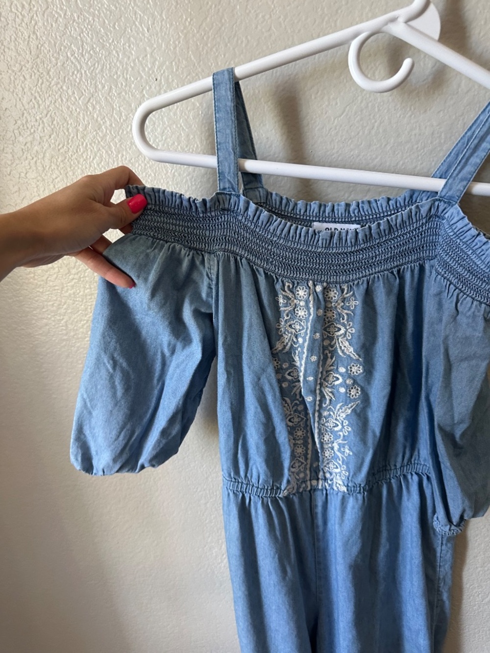 Old Navy Light Blue Embroidered Cold-Shoulder Jumpsuit- Large (10/12) - Picture 2 of 6